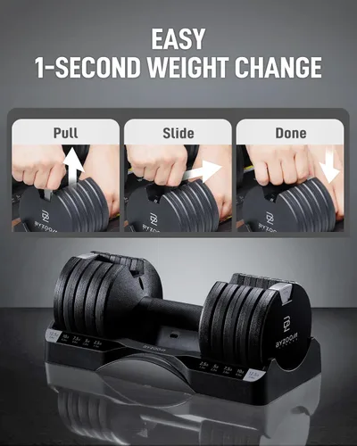 Vista 5 de ByZoom Fitness - Mancuerna ajustable de 12.5/25 libras – Unidad individual O juego de 2 – Peso ajustable 5-en-1 para gimnasio en casa, entrenamiento