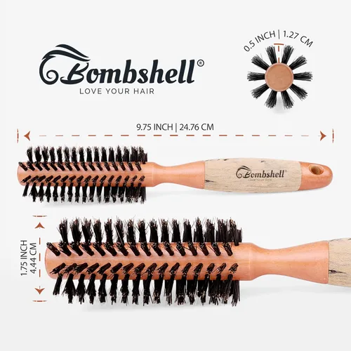 Vista 2 de Bombshell Cepillo Redondo de Madera de Abedul – 1.75 pulgadas de ancho, 10 pulgadas de largo, cerdas de jabalí, mango de madera natural
