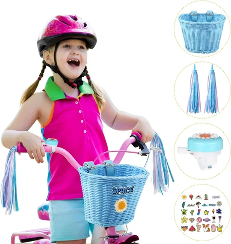 Vista 2 de Set de serpentinas para cesta de bicicleta para niños, cesta de mimbre para manillar de bicicleta con serpentinas de bicicleta coloridas, campana