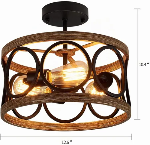 Vista 6 de MEIXISUE Lámparas de Techo de Montaje Semi-empotrado Estilo Granja Moderna, 3 Luces Acabado Negro y Madera Retro, Pantalla de Tambor Lámparas