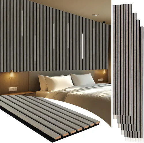 Vista 10 de Yuzzy Paneles de madera para pared y techo, paneles acústicos de listones de madera de 108 x 11 pulgadas, 2 unidades, paneles de pared modernos que