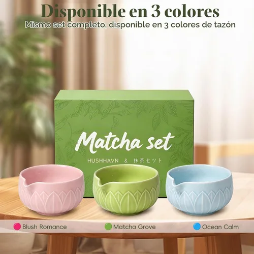 Vista 9 de Juego de batidor Matcha con cuenco de cerámica y cazador de bambú hoja azul