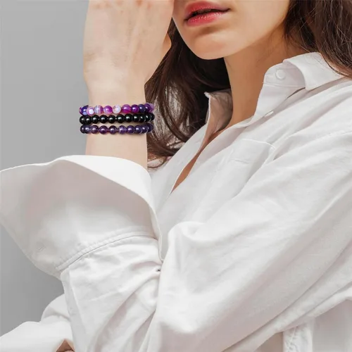 Vista 2 de Risyfjew 3 pulseras de cristal curativo para mujer de 0.315 in de piedra natural con cuentas elásticas de amatista, regalos de joyería