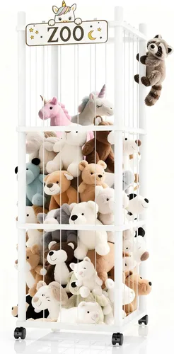 Vista 9 de Torre del zoológico de almacenamiento de animales de peluche, organizador grande de madera de 56 pulgadas con ruedas, almacenamiento de peluches