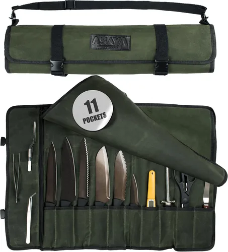 Vista 7 de Asaya - Bolsa enrollable de lona para cuchillos de chef - 10 ranuras para cuchillos y un gran bolsillo con cremallera - Funda duradera de lona
