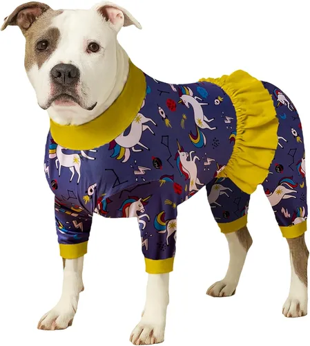 Vista 16 de LovinPet Pijamas Grandes para Perros – Camisa de unicornio para perro, mameluco de recuperación poscirugía, sirenas y unicornios estampado Azul
