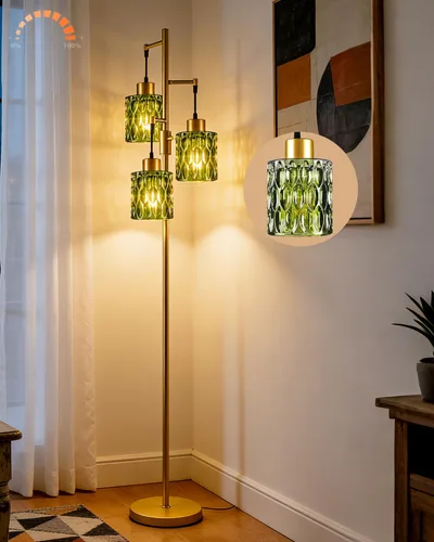 Vista 12 de Lámpara de pie moderna de cristal de 3 luces, lámpara alta de pie dorada con pantalla de vidrio de piña roja profunda, lámpara de pie LED regulable