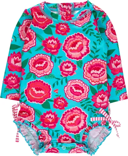 Vista 41 de RuffleButts - Traje de baño de una pieza con protección solar UPF 50+, camiseta de protección floral estampado, manga larga, con cierre zipper