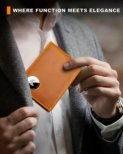 Vista 51 de Billetera AirTag para hombre, de piel auténtica plegable con bloqueo Rfid AirTag con ranuras para efectivo y ventana de identificación, compatible