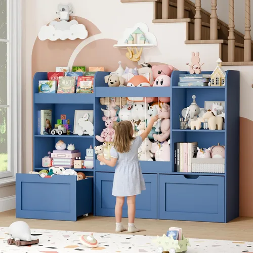 Vista 4 de Organizador de juguetes para niños de 61 pulgadas de ancho con almacenamiento de animales de peluche, estantería Montessori con 4 compartimentos