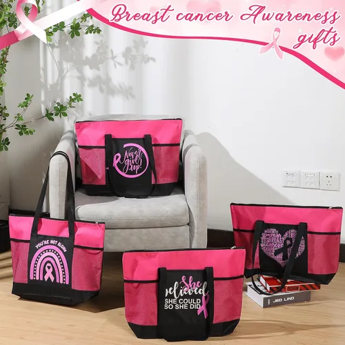 Vista 2 de Bolsas de regalo para concientización sobre el cáncer de mama, bolsas de señal de cinta rosa para mujer, bolsillo de malla, apoyo para concientizar