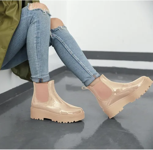 Vista 5 de Botas de lluvia con plataforma para mujer, botas Chelsea de charol impermeables, botas de punta redonda para mujer