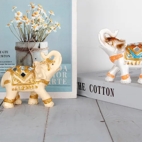 Vista 3 de Juego de 2 estatuas y figuras de elefante - Regalos de elefante de la suerte y la riqueza para decoración del hogar - Estatua con trompa hacia