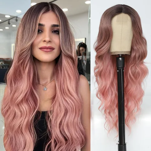 Vista 8 de NAYOO Pelucas largas y onduladas de color castaño rojizo para mujer, peluca rizada ondulada con raíces oscuras, pelucas sintéticas de fibra