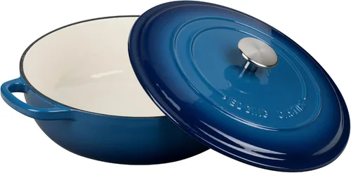 Vista 5 de EDGING CASTING - Horno holandés de hierro fundido esmaltado con asa doble, cacerola poco profunda con tapa, 3.8 cuartos de galón, azul (Lake Blue)