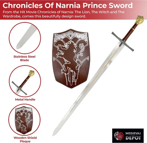 Vista 3 de MedievalDepot Chronicles of Narnia Prince Sword Réplica – Total 45 pulgadas con hoja de metal y empuñadura decorativa de cabeza de león – Incluye