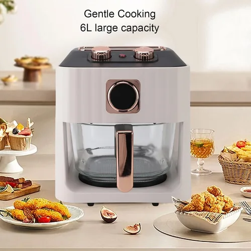 Vista 2 de Freidora de aire inteligente con ventana visual, capacidad de 6 L, control de temperatura, blanco, para comidas, freír, asar, recalentar
