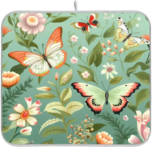 Vista 54 de Tapete de secado de platos de primavera naranja con flor de amapola para encimera de cocina, tapete escurridor absorbente de microfibra, tapete