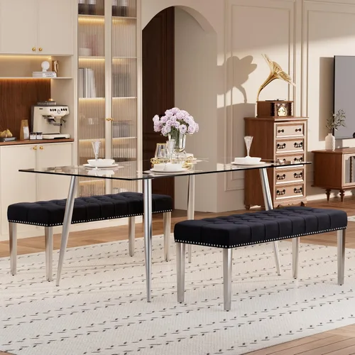 Vista 79 de Baysitone Juego de mesa de comedor de cristal de 51 pulgadas para 4, juego de 5 piezas de comedor moderno, mesa de cocina rectangular de vidrio