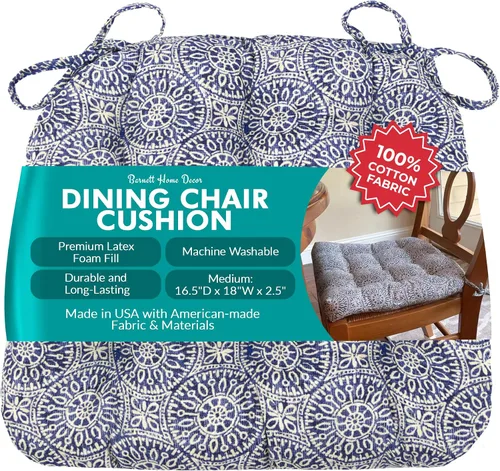 Vista 98 de Barnett Home Decor Ticking Stripe Berlin Blue - Almohadilla para silla de comedor con lazos, tamaño mediano 18, relleno de espuma de látex, lavable