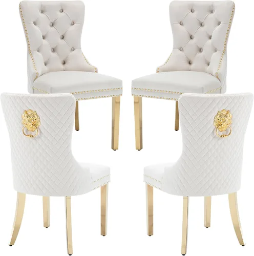 Vista 16 de Juego de 2 sillas de comedor, patas de metal dorado, anillo de león sofisticado, color beige Beige (oro)