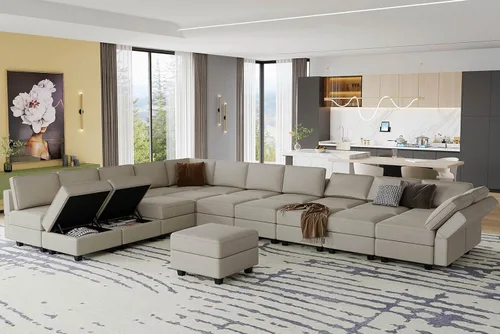 Vista 3 de Belffin Sofá modular grande con asiento de almacenamiento, sofá en forma de U de gran tamaño con tumbona reversible, juego de sofá modular con Gris