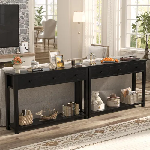 Vista 4 de Homieasy Mesa consola de granja con 3 cajones, mesa de sofá de madera de 47 pulgadas con estante de almacenamiento para sala de estar, detrás