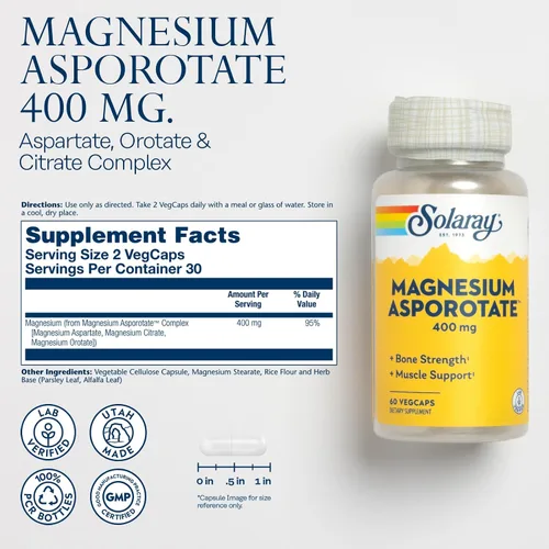 Vista 2 de SOLARAY Asporotato de magnesio 400 mg, 60 cápsulas vegetales
