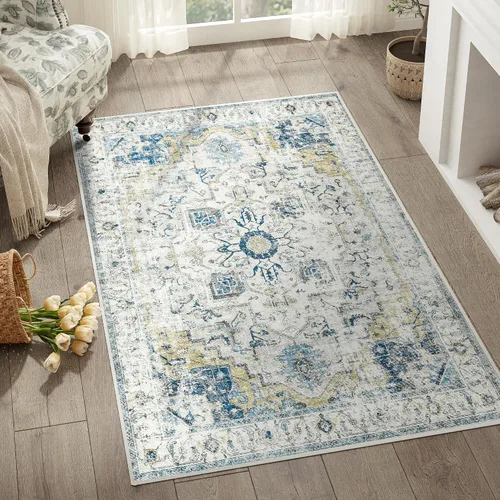 Vista 104 de jinchan Alfombra de Área 2x3 pies Alfombra Vintage de Entrada Lavable Bohemia Tapete Interior para Puerta Medallón Floral Tapete Pequeño para Puerta