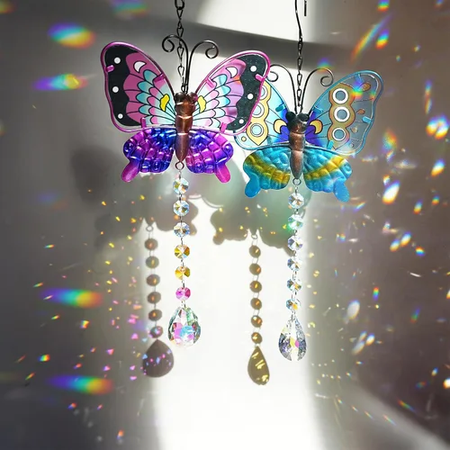 Vista 3 de Juego de 2 atrapasoles de mariposa de metal para ventanas – Decoración de pared de valla al aire libre de 14 pulgadas, prismas arcoíris