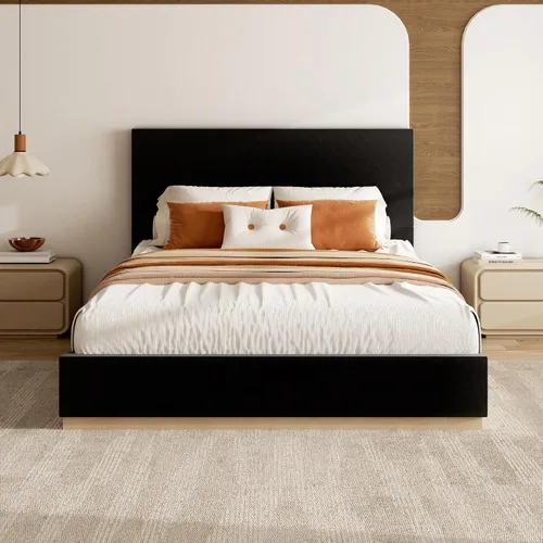 Vista 11 de Base de cama de plataforma de tamaño completo con cabecero, cama de terciopelo con base sólida con listones de madera, base de colchón resistente