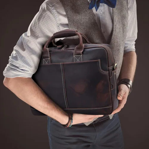 Vista 3 de Maletín de cuero genuino para hombre, maletín de cuero de grano completo de 16 pulgadas, bolsa de mensajero con cremalleras de metal YKK