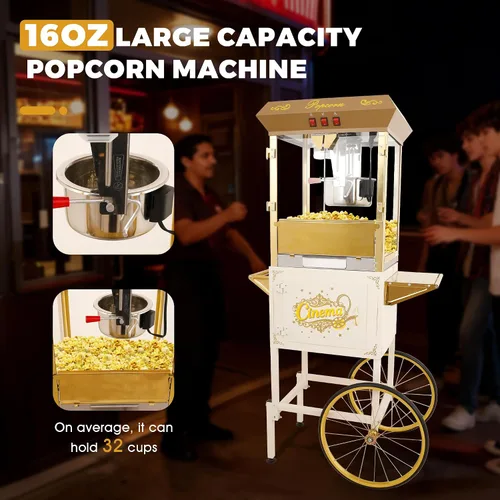 Vista 5 de Máquina de carrito de palomitas de maíz de 16 onzas sobre ruedas, máquina de palomitas de maíz de 850 W para 64 tazas de palomitas de maíz por lote