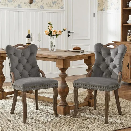 Vista 46 de SoarFlash Juego de 2 sillas de comedor de terciopelo, silla lateral de respaldo alto, silla lateral moderna tapizada de alta gama con botones Beige
