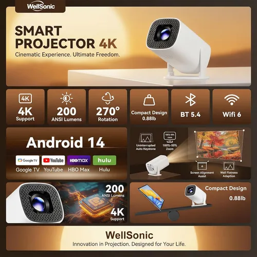 Vista 2 de Mini proyector con Wifi y Bluetooth, Android 14 integrado, proyector portátil para uso en exteriores y techo, Keystonet automático y giratorio
