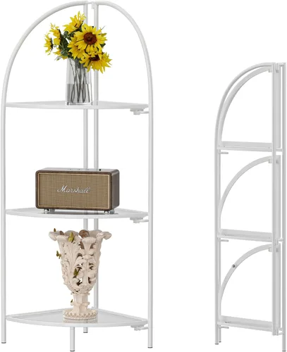 Vista 17 de Crofy Estante esquinero plegable de 3 niveles, soporte de esquina de metal para plantas con marco negro y estantes negros, estante de exhibición