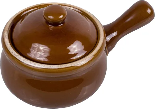 Vista 4 de HIC Kitchen Crocks de sopa de cebolla francesa con asas y tapas, cerámica de cerámica, marrón, 14 onzas, juego de 4