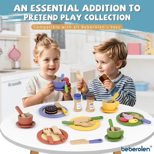 Vista 4 de Platos y platos de madera para niños, accesorios de cocina para niños pequeños de 1 a 3 años, juguetes de cocina, tazas de té para niños, regalo