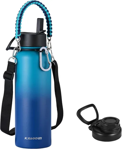 Vista 26 de KXIAOCHEN Botella de agua aislada, botella de agua de acero inoxidable, 2 tapas (con pajilla y tapa con asa), botellas de agua metálicas de boca