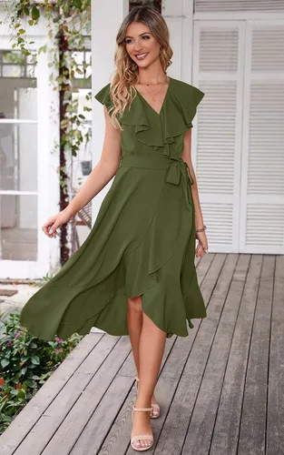 Vista 7 de PRETTYGARDEN - Verano 2024, vestido cruzado por debajo de la rodilla para mujer, con cuello en V profundo, estilo bohemio, floral, manga corta