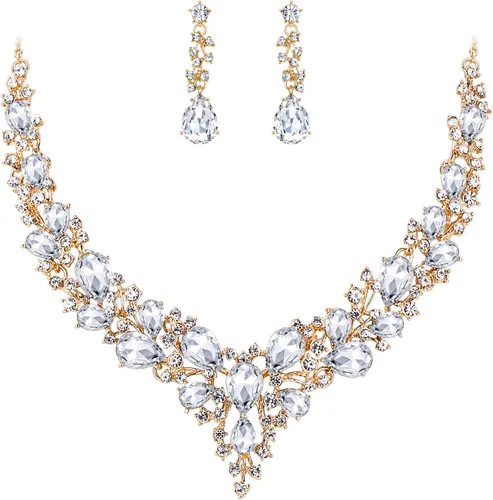 Vista 22 de BriLove Women's Wedding Statement Necklace Dangle Earring Jewelry 01-Tono plateado transparente