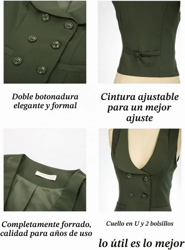 Vista 3 de Belle Poque Chaleco de doble botonadura para mujer, chaleco vintage con cuello de solapa y 2 bolsillos Verde militar