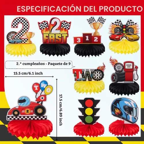 Vista 2 de Race Car - Dos centros de mesa rápidos para niños, decoración de fiesta de Negro Rojo Amarillo B