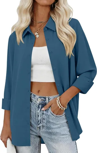 Vista 15 de siliteelon Camisas con botones para mujer, camisas de vestir sólidas, de manga larga, cuello fluido, para trabajo, oficina, negocios, blusas de gasa