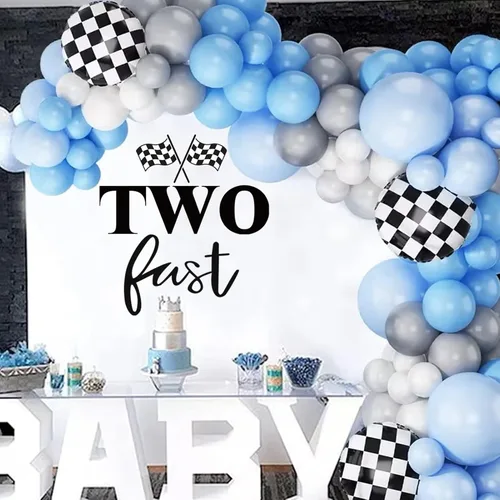 Vista 4 de Letrero con texto en inglés «Two Fast Birthday» para telón de fondo, calcomanías temáticas de auto de carreras, 2 decoraciones de cumpleaños
