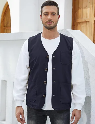 Vista 6 de Gihuo Chaleco de viaje para hombre, casual, con múltiples bolsillos, cuello en V, con botones, de algodón, chaleco de trabajo