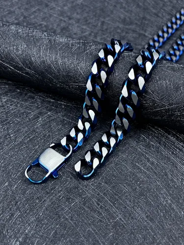 Vista 45 de YAMI Cadena de eslabones cubanos para hombre, azul/negro/oro de 14 quilates, acero inoxidable de 0.394-0.472 in de grosor, collar de cadena