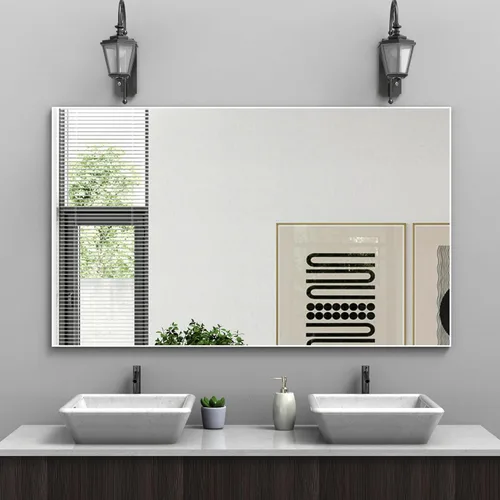 Vista 10 de Espejo de pared con estante para baño, 28 x 18 pulgadas, marco negro, espejos de pared para colgar horizontal o vertical, espejos modernos de pared