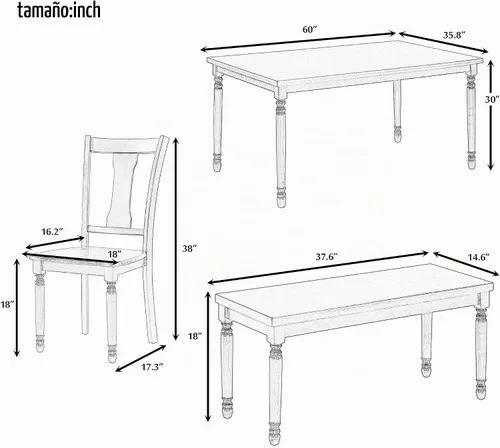 Vista 4 de LUMISOL Juego de mesa de comedor de 6 piezas con banco, juego de mesa de cocina rectangular de granja para comedor, mesa de comedor y juego de 4