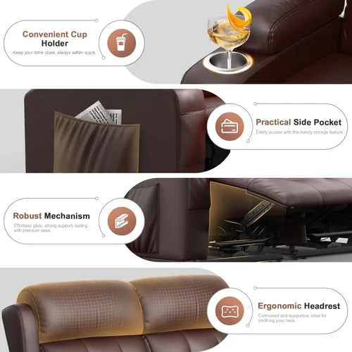 Vista 3 de Sofá reclinable manual de dos plazas, sofá reclinable de pared con masaje, puertos USB y tipo C, almacenamiento, portavasos, sofá RV para sala